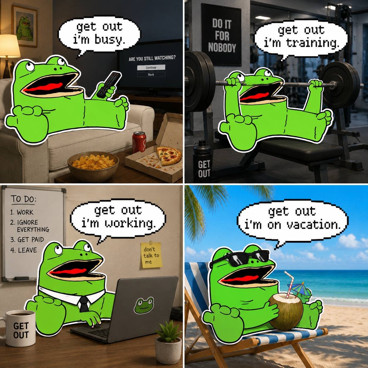 get out i'm busy / training / working / on vacation